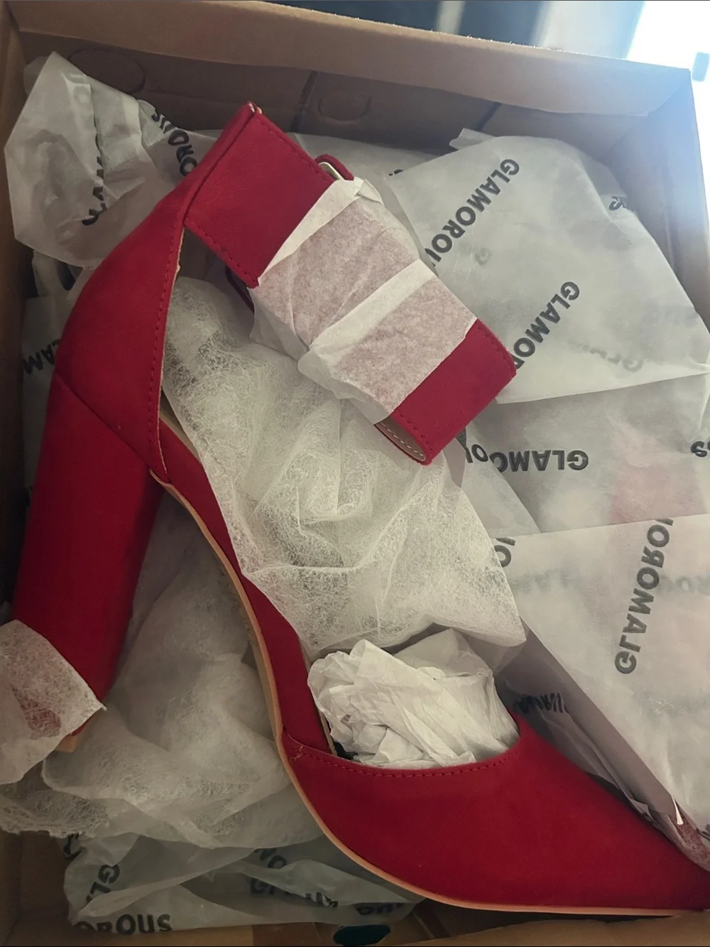 Glamorous Red Suede Block Heel Ankle-Strap Pump